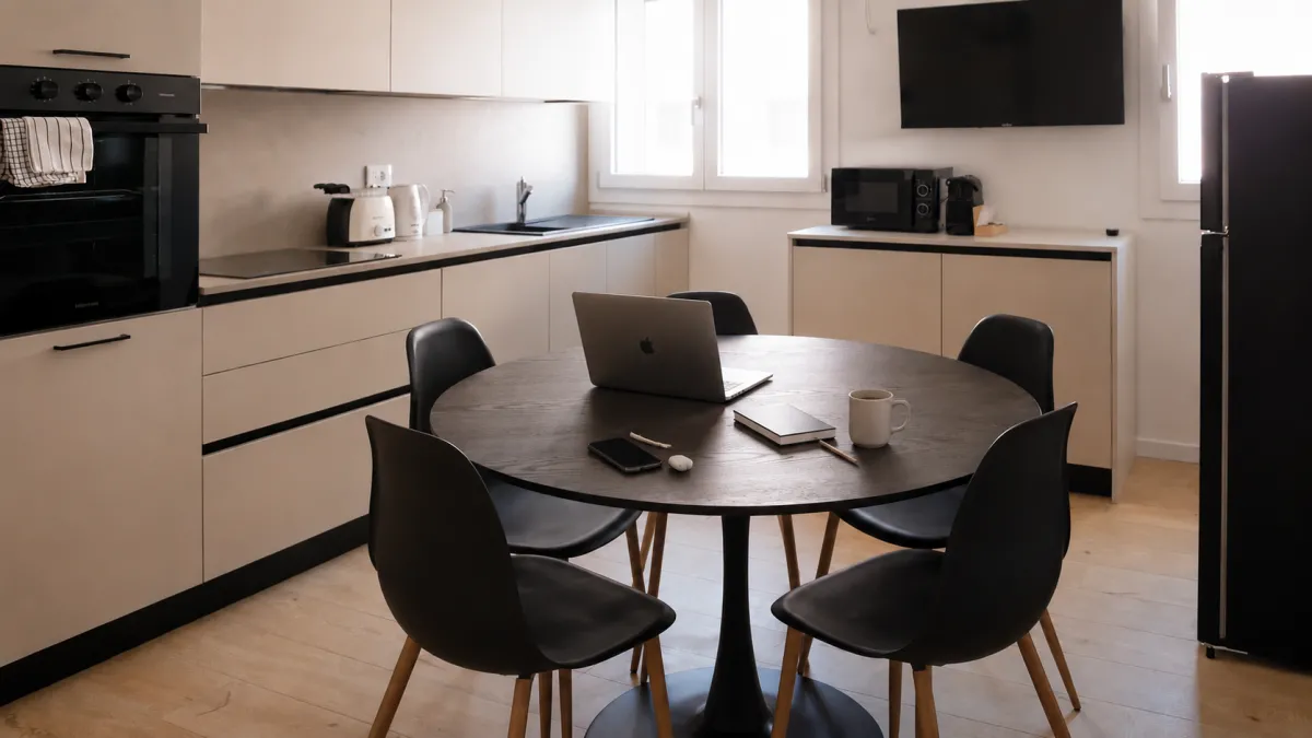 Suite Giudecca: a person with a laptop by the kitchen window, work comfortably during your holiday